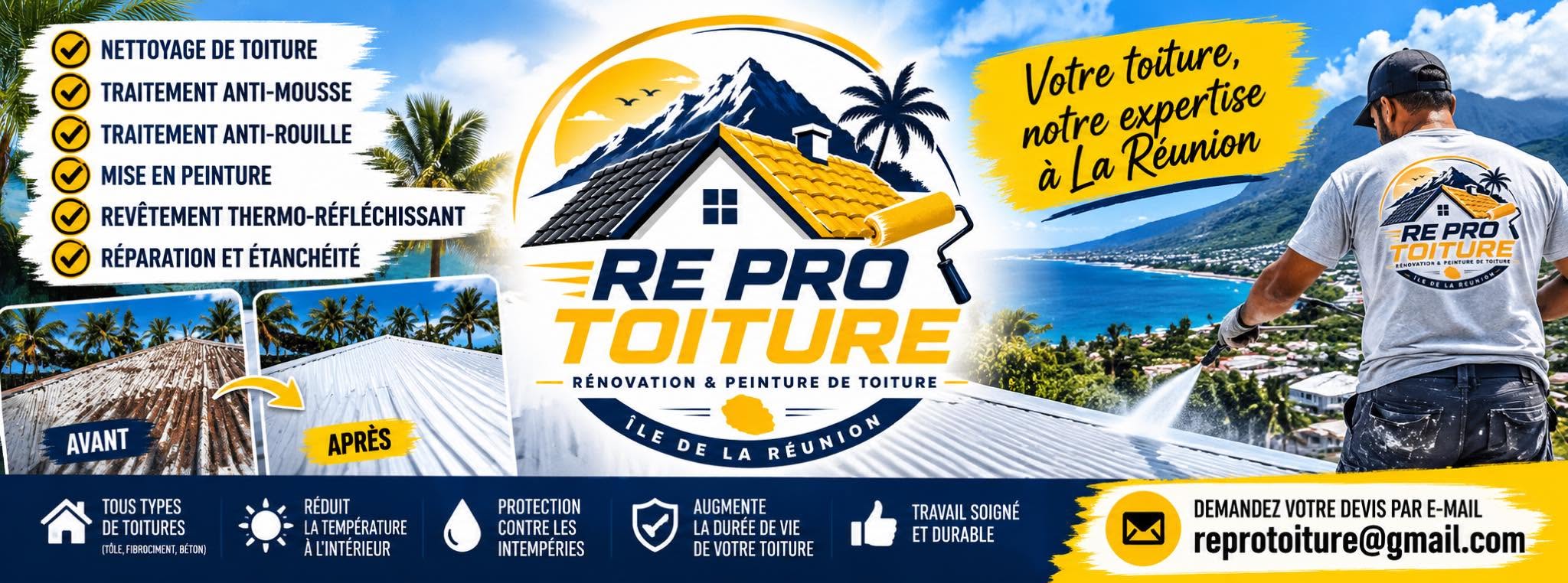 Bannière RE PRO TOITURE présentant les services : nettoyage, anti-mousse, anti-rouille, peinture, thermo-réfléchissant, réparation et étanchéité