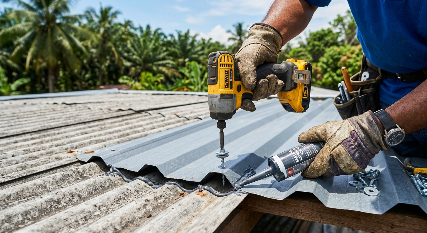 Réparation d’un toit en tôle : pose de mastic d’étanchéité et remplacement des vis